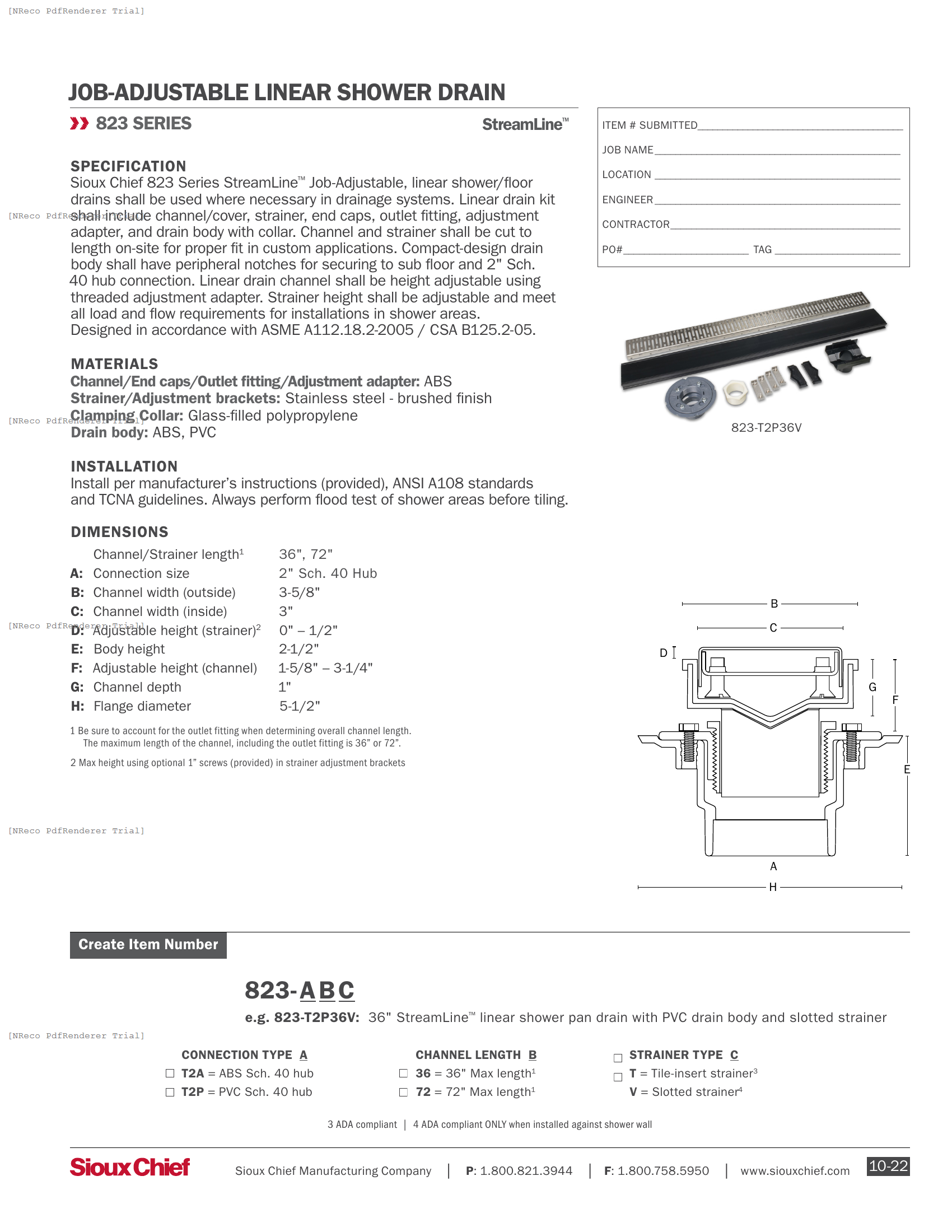 823 SERIES - STREAMLINE JOB-ADJUSTABLE LINEAR SHOWER DRAIN - SPEC SHEET.PDF Specification Document